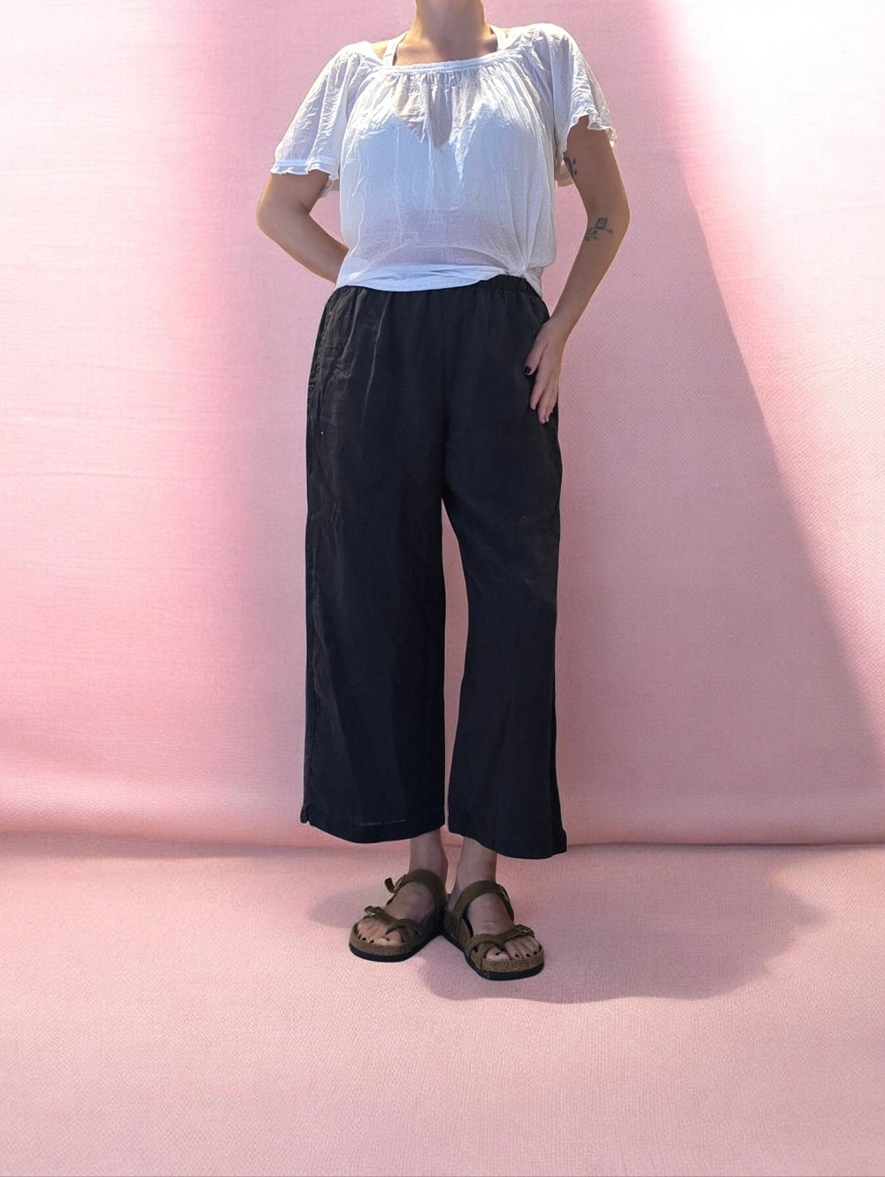 VTG Linen Summer Pants Elastic-Waist Black Wide Leg Pants